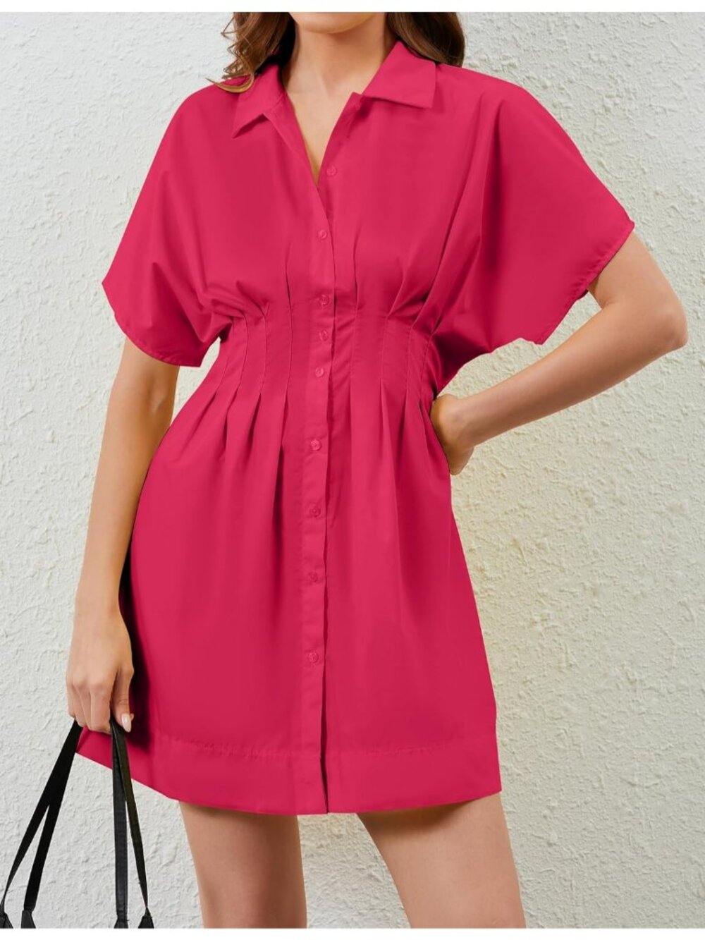 Women's Rose Button Down Short Sleeve Causal A Line Flowy Pleated Mini Dress - Picture 2 of 6
